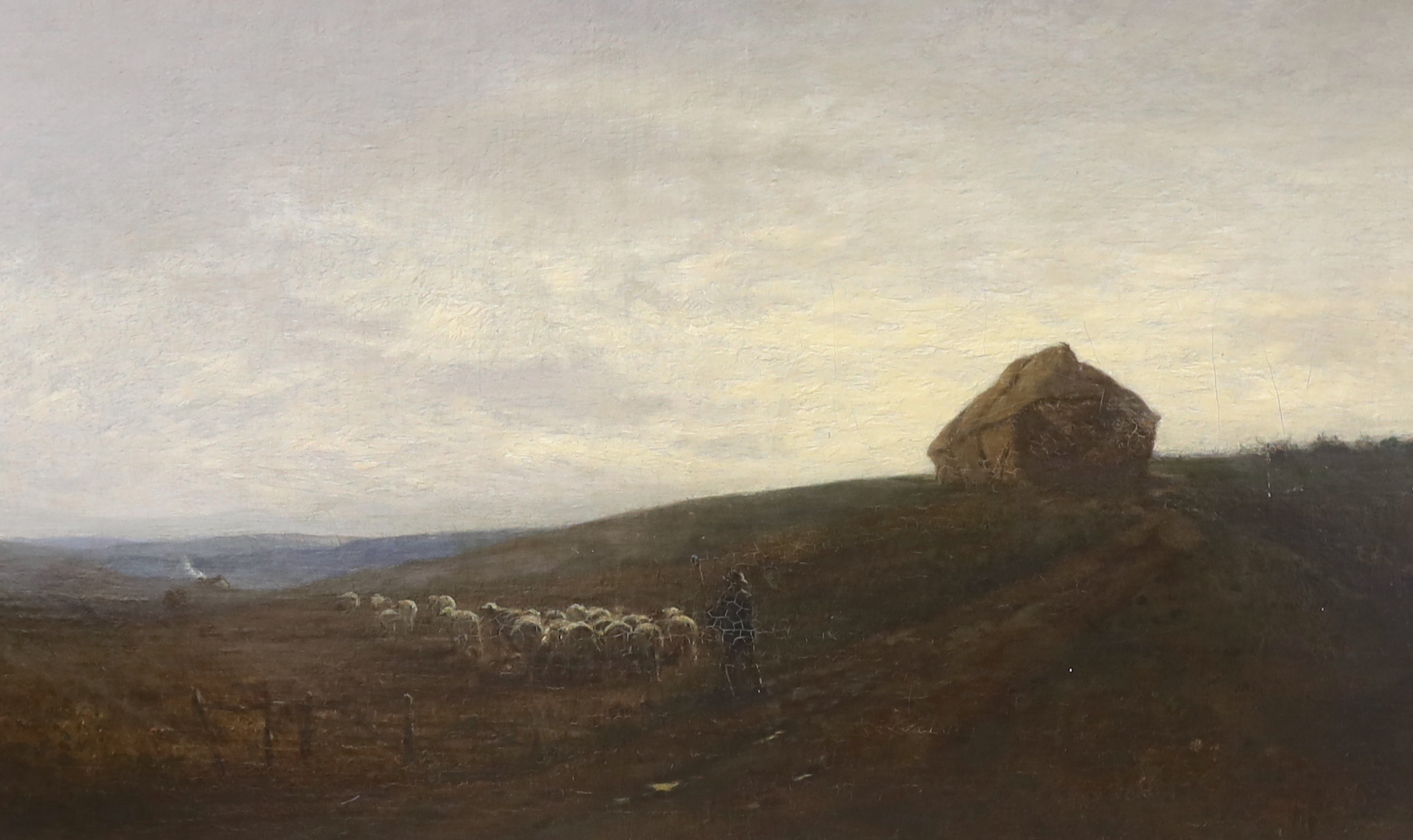 Oil on canvas, Extensive landscape with shepherd and flock of sheep, unsigned, 54 x 90cm